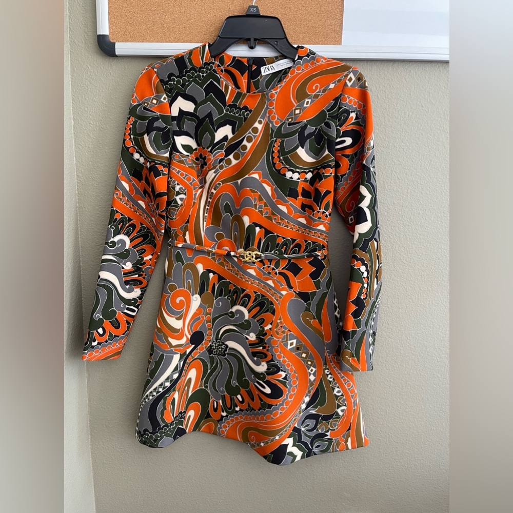 Zara Orange Olive Green Paisley Print Mini Dress